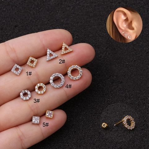Stainless Steel Zircon Geometric Ear Cartilage Studs With Screw Back Ball Piercing Jewelry For Women