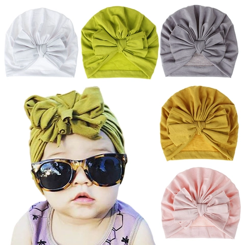 Baby Turban Hat Soft Knitted Cotton Infant Fetal Cap With Large Bow Solid Color Newborn Headwear For Girls Toddlers Photography Props