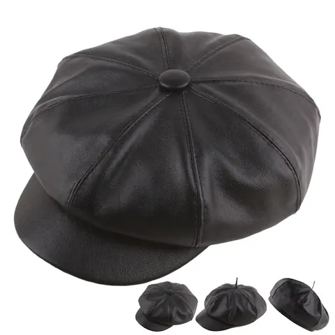 Newsboy Cap Women PU Leather Octagonal Beret Vintage British Style Solid Color Autumn Winter Warm Windproof