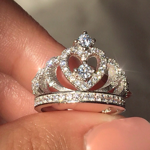 Crown Ring Copper Zircon Heart Princess Wedding Party Elegant Micro Pave Rhinestone Jewelry Gift For Women Girls