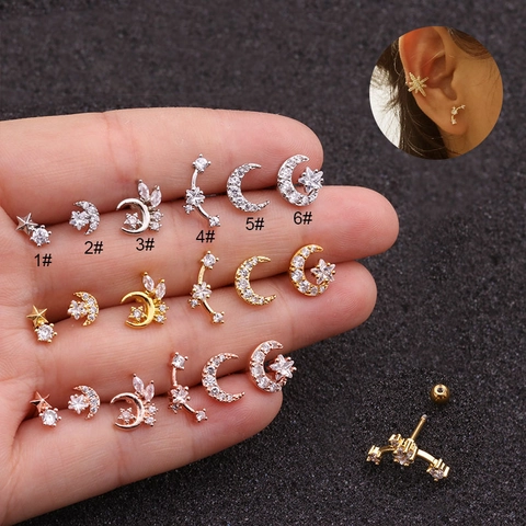 Pendientes De Cartílago De Luna Y Estrella Para Mujer Acero Inoxidable Circón Joyería De Perforación Corporal