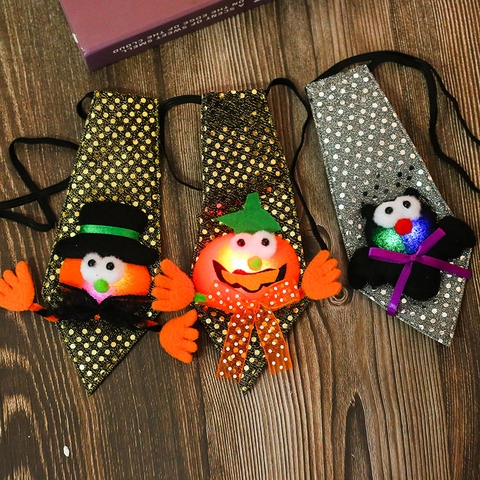 Cravatta LED Di Halloween Cravatta Luminosa Con Paillettes Per Feste Cosplay Performance Motivo Zucca E Pipistrello