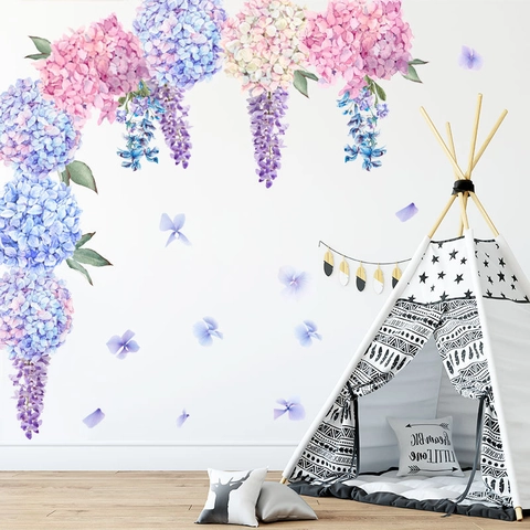 Pegatinas De Pared De Hortensias Y Glicinas Acuarela PVC Autoadhesivas Impermeables Decoración Floral Dormitorio Sala Romántica