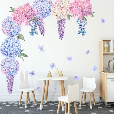 Watercolor Hydrangea Wisteria Wall Stickers PVC Self Adhesive Waterproof Floral Decals For Bedroom Living Room Romantic Home Decor