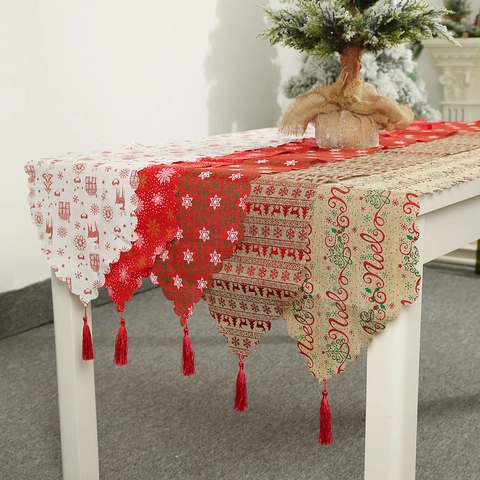 Christmas Table Runner Polyester Linen Scalloped Edge Tassel Reindeer Snowflake Noel Holiday Dinner Table Decoration