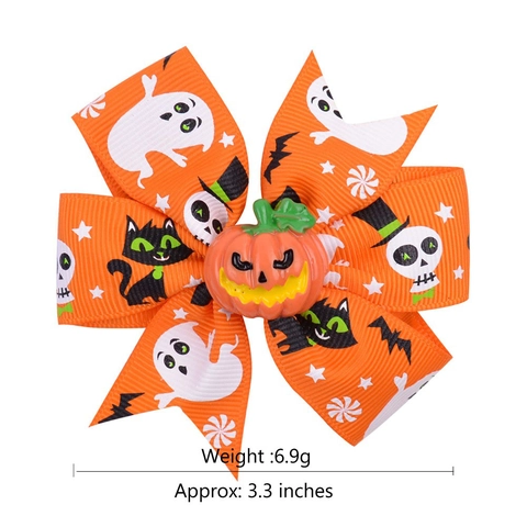 Halloween Bow Hair Clips Polyester Grosgrain Ribbon Alligator Clips Resin Bat Pumpkin Spooky Ghost Festival Headwear For Kids