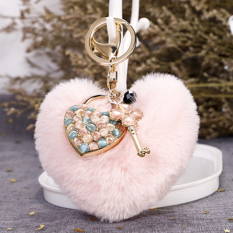 Romantic Heart Shaped Plush Pom Pom Keychain With Rhinestone Cat Eye Stone Inlaid Heart Key Clover Pendant Bag Charm Gift For Women