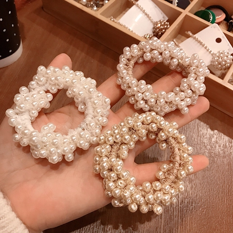 Elegant Artificial Pearl Scrunchies Hair Ties Beaded Elastic Hair Bands Minimalist Hair Accessories For Women Girls Bracelet