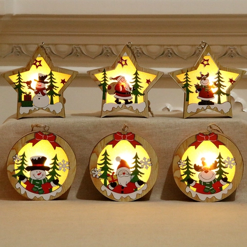 Weihnachts Holz Hängeornamente LED Leuchtend Warmes Licht Weihnachtsmann Schneemann Rentier Stern Rund Deko Festlich
