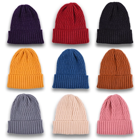 Gorro De Punto Cálido Invierno Acanalado Con Vuelta Color Sólido Para Hombre Mujer