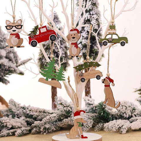 Christmas Wooden Dog Car Tree Hanging Ornaments Cartoon Animal Wood Pendant For Home Party Wall Decor Xmas Gift