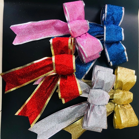 Glitter Christmas Bows Ornament Xmas Tree Hanging Decorations With Wired Edge Colorful Fabric For Holiday Party