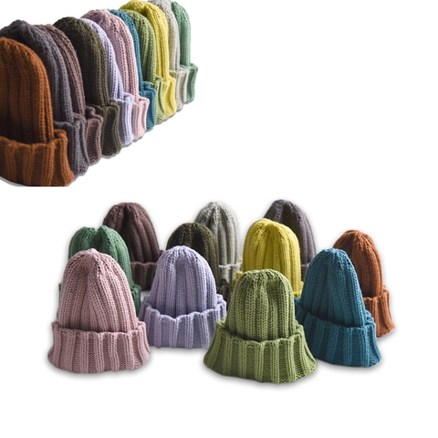 Kids Knitted Beanie Soft Wool Warm Winter Solid Color Ribbed Cuff Hat For Boys Girls