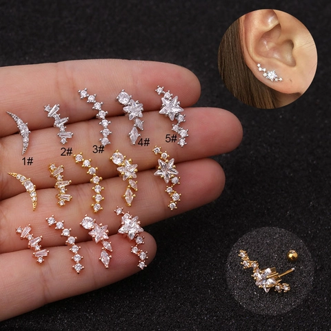 Pendiente De Cartílago Con Circonita Estrella Luna Acero Inoxidable Cierre De Rosca Joyería Para Mujer