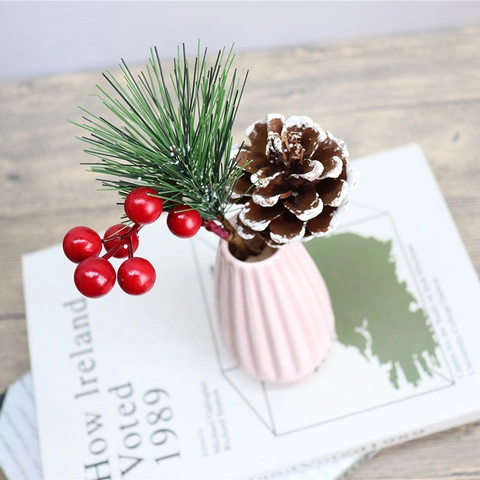 Rama De Pino Artificial De Navidad Bayas Rojas Piña Natural Nevada Adorno Floral Decorativo Para Decoración Del Hogar
