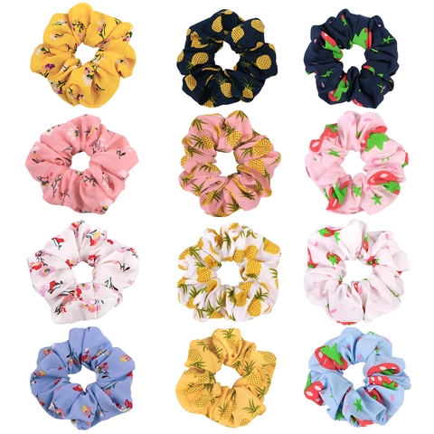 Floral Fruit Print Scrunchies Chiffon Fabric Elastic Hair Ties For Women Girls Sweet Strawberry Pineapple Pattern Accessories