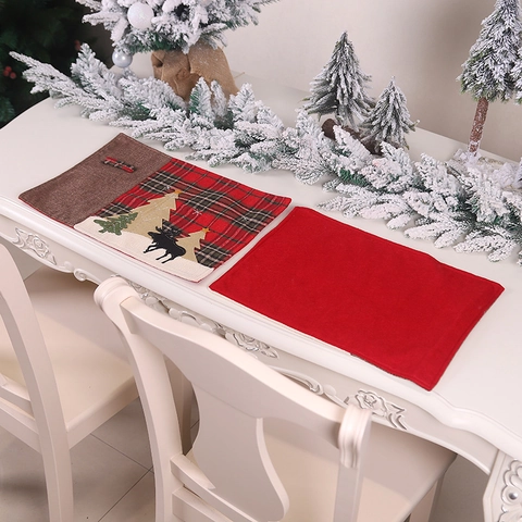 Christmas Placemat With Cutlery Pocket Red Plaid Burlap Linen Reindeer Christmas Tree Applique Dining Table Decoration