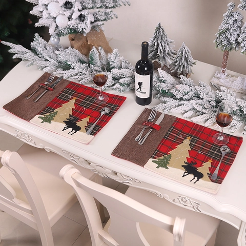 Napperon De Noël À Carreaux Toile De Jute Résistant À La Chaleur Applique Renne Arbre Poche À Couverts Décor De Fête