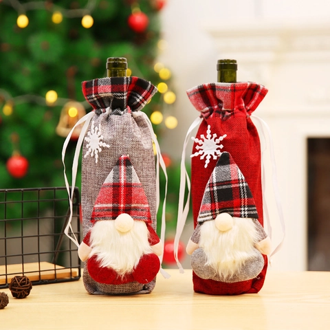 Couvercle De Bouteille De Vin De Noël Gnome Plaid Toile De Jute Cordon Sac Cadeau Poupée Décoration De Table De Fête