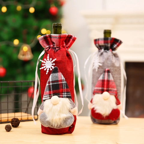 Couvercle De Bouteille De Vin De Noël Gnome Plaid Toile De Jute Cordon Sac Cadeau Poupée Décoration De Table De Fête