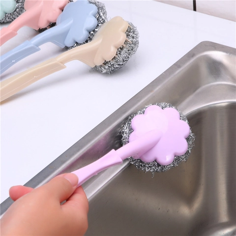 Dishwashing Cleaning Brush Long Handle Stainless Steel Wire Ball Scrubber For Pots Pans Kitchen Flower Shape Plastic