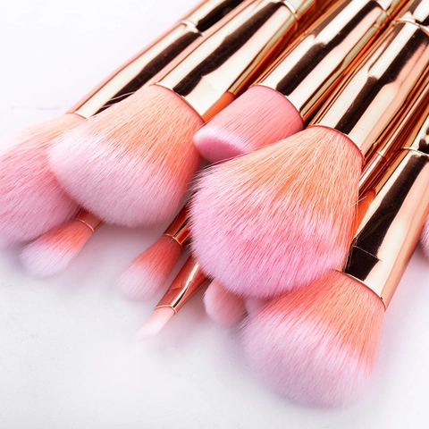 Professionele Make-up Borstels Roségoud Plastic Handvat Synthetisch Nylon Haar Roze Wit Verloop Schoonheidshulpmiddelen