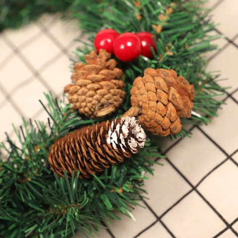 Artificial Christmas Wreath PVC Pine Needles Natural Pine Cones Red Berries Door Wall Hanging Winter Holiday Home Decor