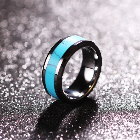 304 Stainless Steel Band Ring With Turquoise Inlay High Polished Simple Vintage Fashion Jewelry Unisex Accessary