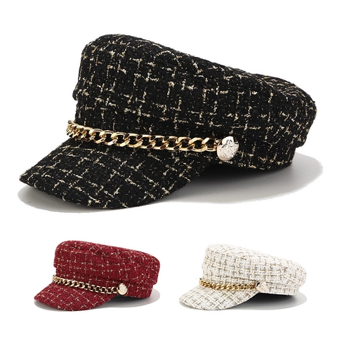 Cappello Baker Boy In Tweed Da Donna Decorazione Catena Dorata Retro Newsboy Cap Elegante Flat Top Sailor Hat Tweed