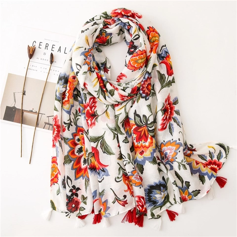 Bufanda Chal Estampado Floral Poliéster Ligero Protección Solar Estilo Bohemio Étnico Borla Decorativa Mujeres Playa Viaje