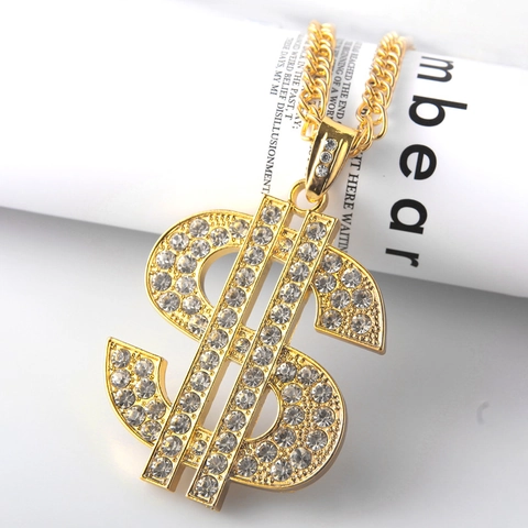 Collana Con Pendente Segno Del Dollaro Lega Strass Placcato Oro 18K Hip Hop Gioielli Per Uomo Donna