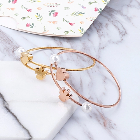 Brazalete De Acero Inoxidable Para Mujer Con Perla Artificial De Concha Corazón Y Ángel Encanto Doble Capa Cuerda Alambre Joyería