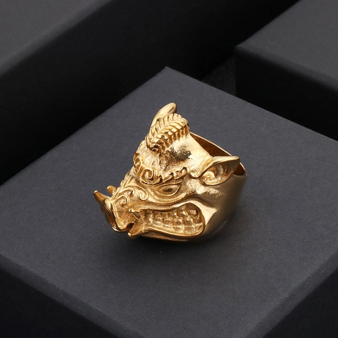 Wild Boar Head Ring Stainless Steel Gothic Punk Biker Style Animal Jewelry For Men Vintage Oxidized Finish