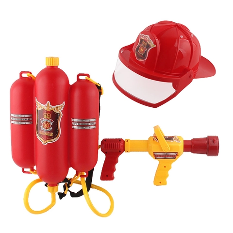 Kids Firefighter Role Play Costume Plastic Backpack Water Gun With Helmet And Polyester Vest Outdoor Beach Summer Toy