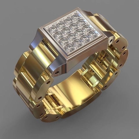 Anello Hip Hop Da Uomo Rame Con Zirconia Pavé Quadrato Design Maglia Cinturino Bicolor Punk Gioielli