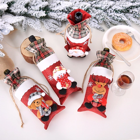 Christmas Wine Bottle Covers Linen Plaid Drawstring Bag Santa Snowman Reindeer Bear Festive Table Decor Holiday Gift