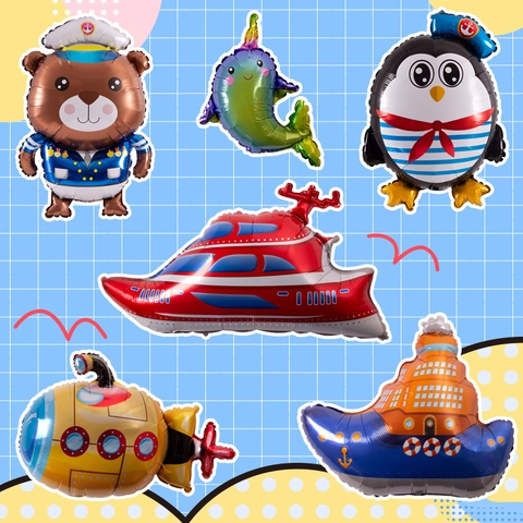 Nautical Ocean Foil Balloons Pirate Ship Submarine Speedboat Narwhal Shapes For Birthday Party Kids Mylar Balloons