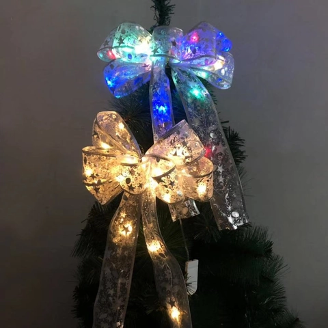 Christmas Tree Topper LED Glowing Bow Gauze Mesh Star Moon Print Fairy Lights Battery Operated Holiday Party Ornament