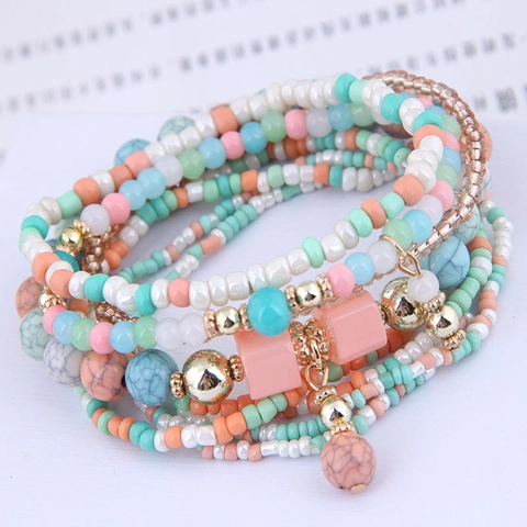 Bohemian Multi Layer Beaded Bracelet For Women Resin Seed Beads Alloy Accents Elastic Stackable Ethnic Jewelry