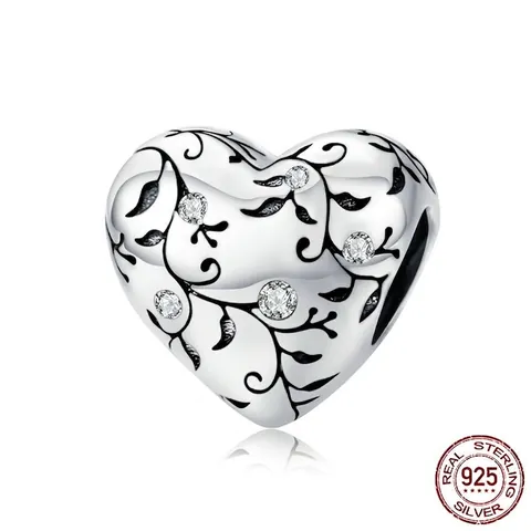 Vintage 925 Sterlingsilber Herz Charm Perle Mit Oxidiertem Rankenmuster Klar Zirkonia Eingelegt DIY Schmuckzubehör Für Damen Armband