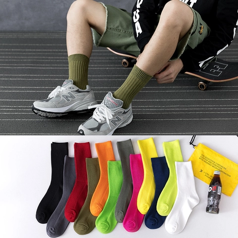 Men Crew Socks Cotton Ribbed Knit Solid Color Breathable Sweat Absorbent Sporty Street Style Neon Colors Fashion Socks