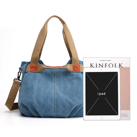 Large Capacity Canvas Tote Bag Women Vintage Casual Crossbody Bag With Adjustable Shoulder Strap