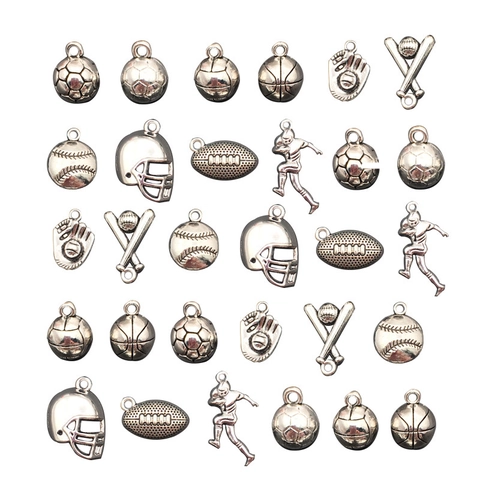 Ciondoli Sportivi In Lega Vintage Pendenti Calcio Basket Baseball Rugby Casco Atleta Forme Per Creazione Di Gioielli DIY Argento Antico