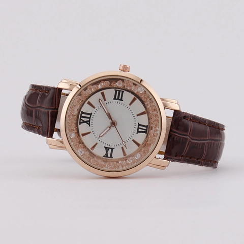 Fashion Women Quartz Watch Rose Gold Alloy Case Floating Rhinestone Bezel Roman Numeral Dial Crocodile Pattern Leather Strap