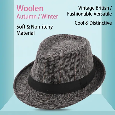 British Style Plaid Fedora Hat For Men Women Winter Warm Jazz Hat Vintage Herringbone Pattern Casual Outdoor Woolen Cap
