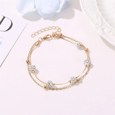 Layered Alloy Rhinestone Ball Anklet Adjustable Foot Chain Summer Beach Foot Jewelry For Women