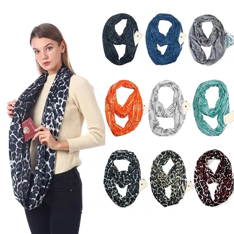 Scaldacollo da Donna Con Tasca a Cerniera Nascosta Stampa Leopardata Motivo a Freccia Tessuto Jersey Sciarpa di Sicurezza per Viaggio