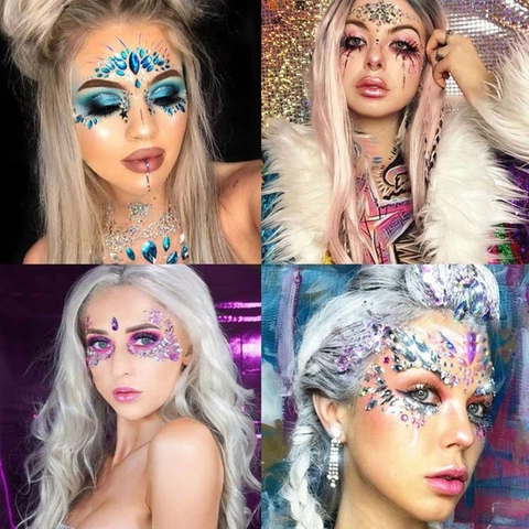 Face Jewels Gems Stickers Rhinestone Crystal Self Adhesive Iridescent Glitter Eye Body Art For Rave Festival Party Makeup