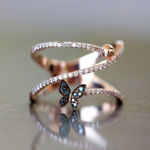 Butterfly Ring Copper Micro Pave Cubic Zirconia Multi Layer Winding Crossed Finger Jewelry Rose Gold Elegant For Women