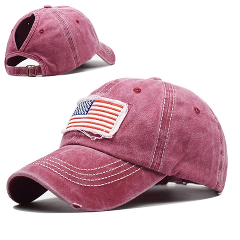 Casquette De Baseball Queue De Cheval Coton Lavé Broderie Drapeau Américain Chapeau De Soleil Ajustable Femmes